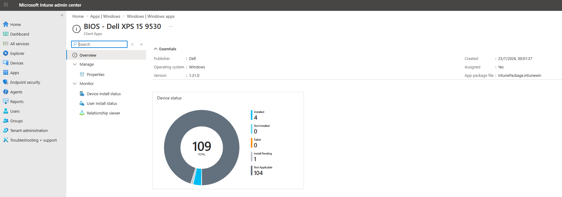 Per-device install status for a BIOS package in the Intune admin center