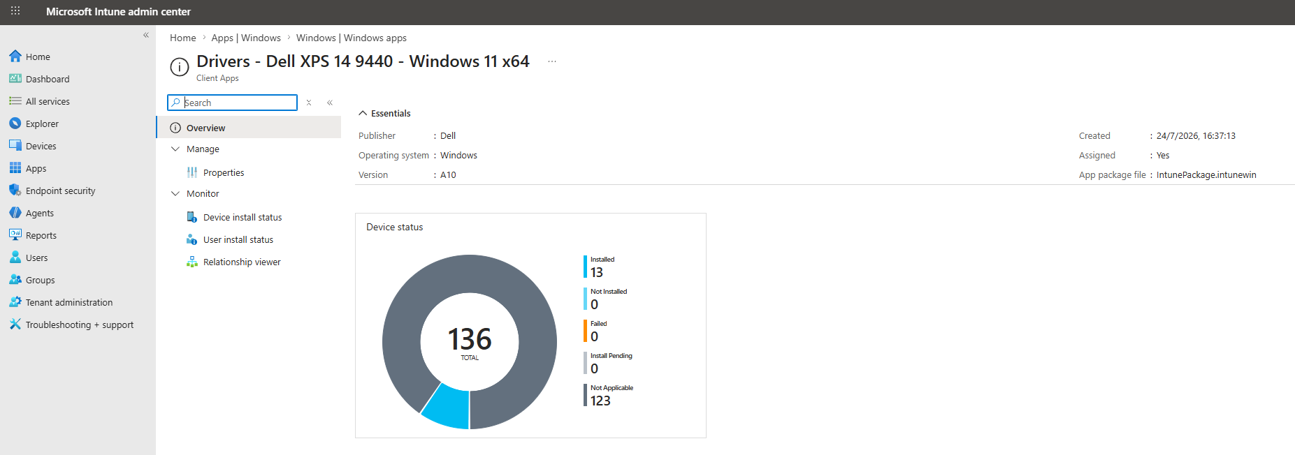 Per-device install status for a driver package in the Intune admin center