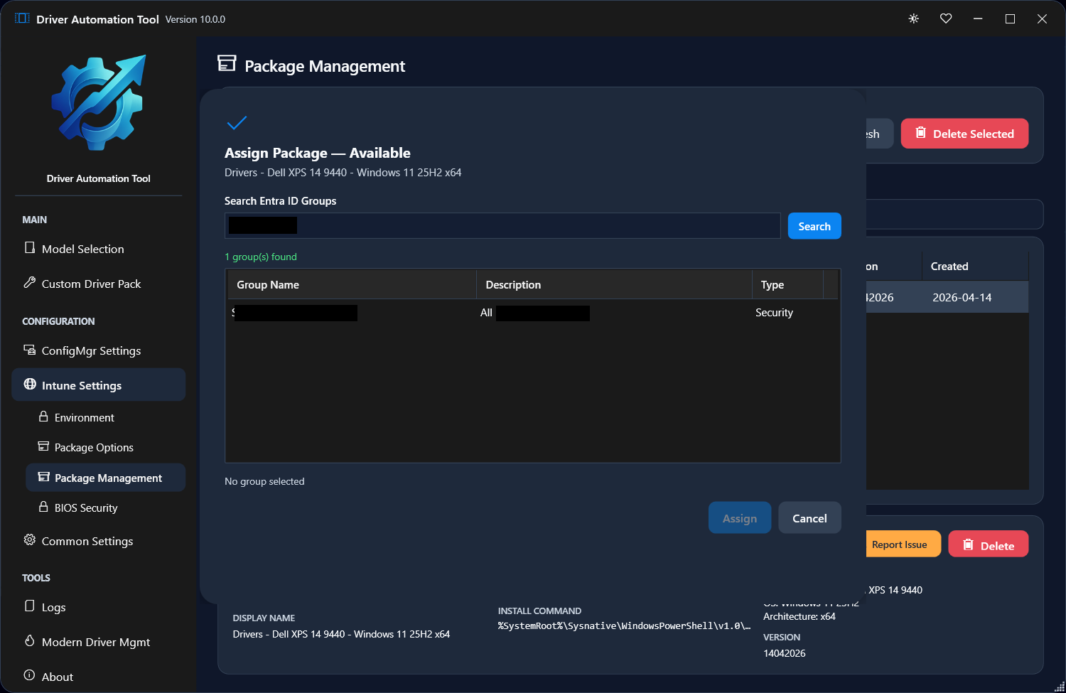 Assigning a Win32 driver package to an Entra ID group