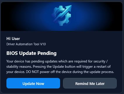 BIOS Update Pending — toast notification